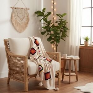 Boho Tufted Cotton Throw Blanket Neutral Diamond Tassel Textured 46" x 55"